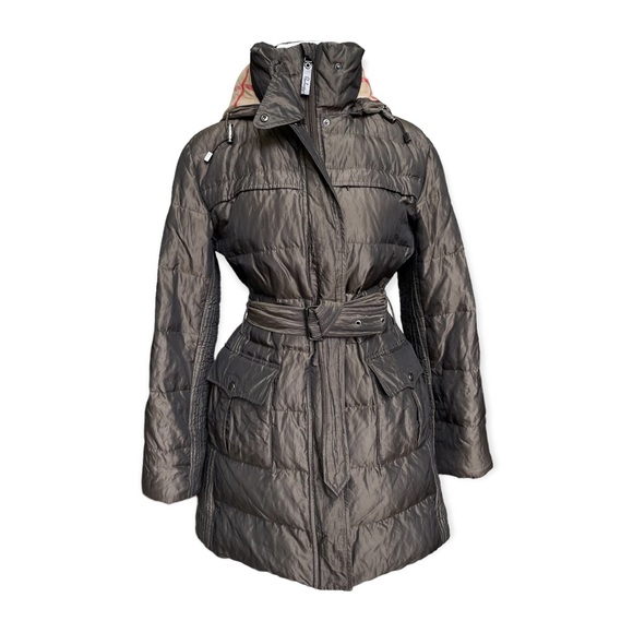 Burberry Puffer Jacket Hooded Belted Coat Quilted Mink Gray - Picture 2 of 15